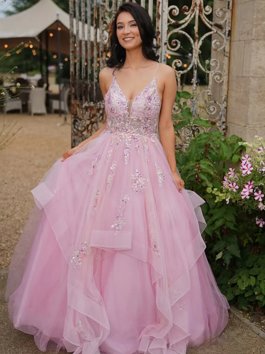 A Line V Neck Pink Lace Long Prom Dresses, Pink Lace Long Formal Evening Dresses