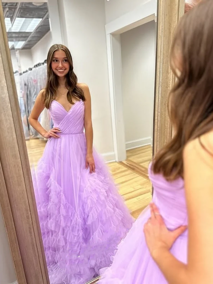 A Line V Neck Ruffle Lilac Tulle Long Prom Dresses, V Neck Ruffle Lilac Tulle Formal Evening Dresses
