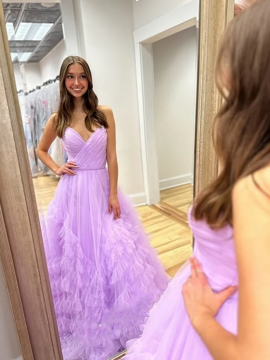 A Line V Neck Ruffle Lilac Tulle Long Prom Dresses, V Neck Ruffle Lilac Tulle Formal Evening Dresses