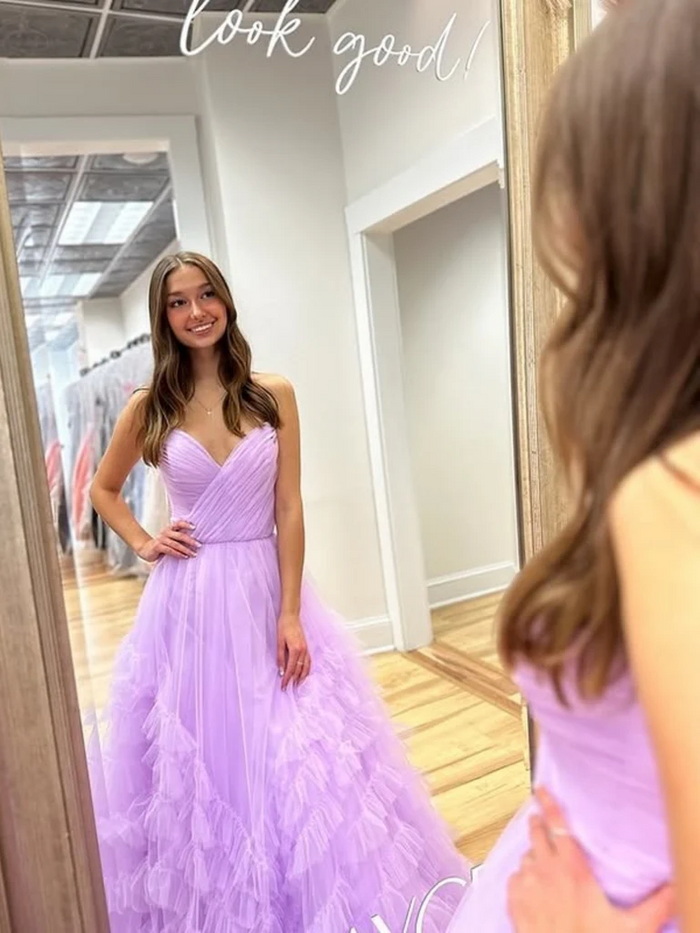 A Line V Neck Ruffle Lilac Tulle Long Prom Dresses, V Neck Ruffle Lilac Tulle Formal Evening Dresses