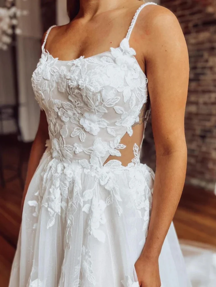 A Line White Lace Wedding Bridal  Dresses,  Open Back White Lace Prom Dresses