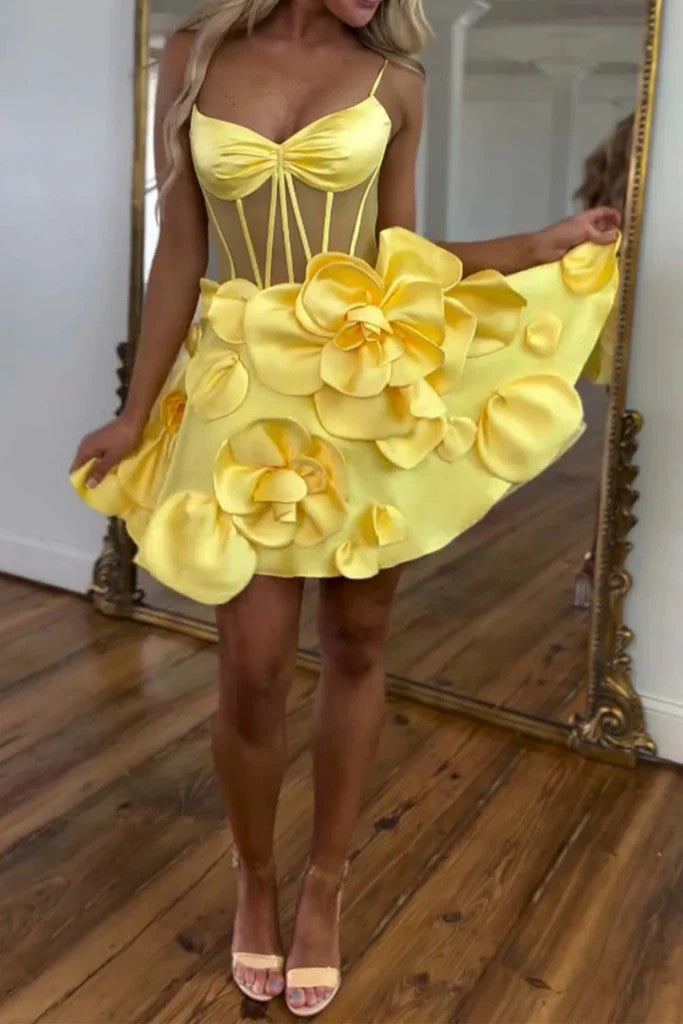A Line Yellow Short Floral Prom Dresses, Short Yellow Formal Evening Homecoming Dresses
