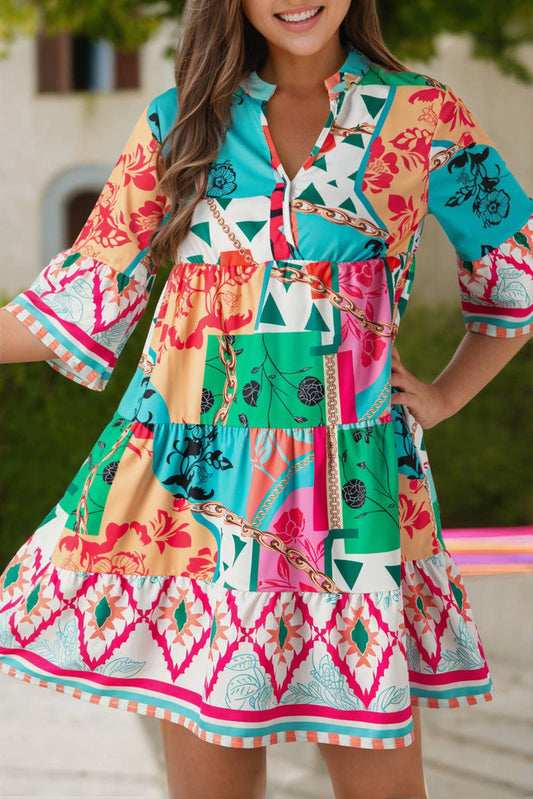 Abstract Print Half Sleeve Tiered Mini Dress