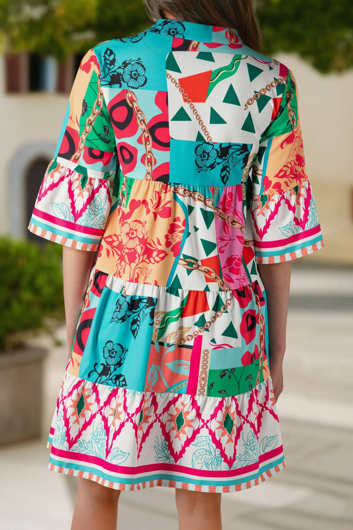 Abstract Print Half Sleeve Tiered Mini Dress
