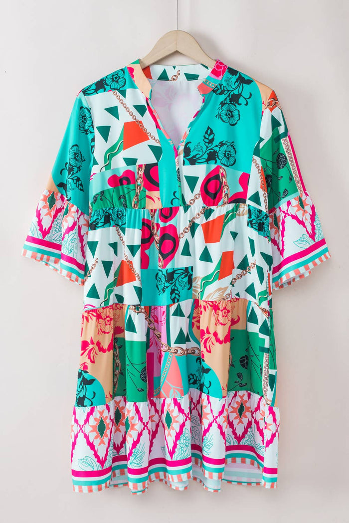 Abstract Print Half Sleeve Tiered Mini Dress
