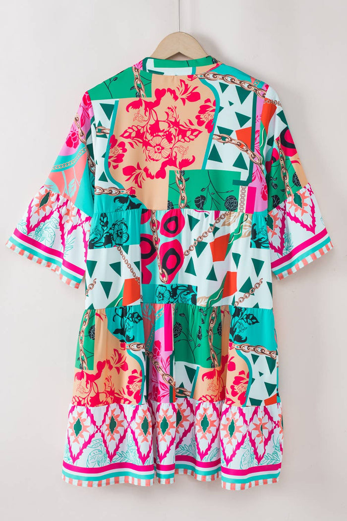 Abstract Print Half Sleeve Tiered Mini Dress