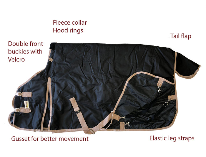AJ Tack 1200D Waterproof Turnout Horse Blanket with Storage Bag, Black