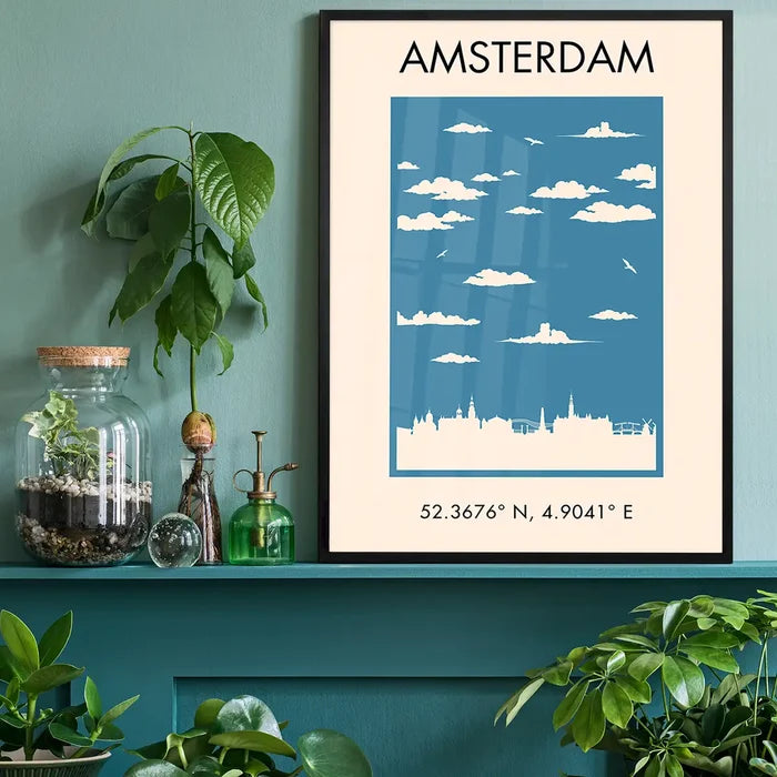 Amsterdam Tourist Style Print black framed on a living room shelf