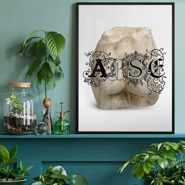 Arse Sculpture Print, quirky altered art print black framed on a living room shelf
