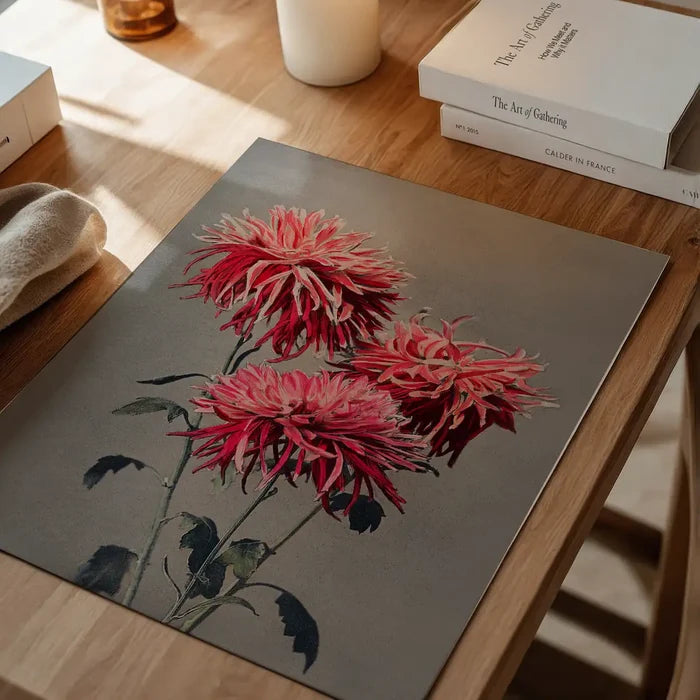Asa-dsuma-bune Ogawa Kazumasa Flowers Print, Japanese woodblock print unframed on a home office desk