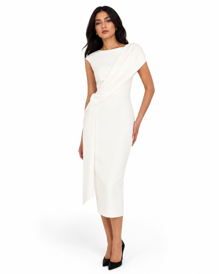 Asymmetric Draped Midi Dress - SALA