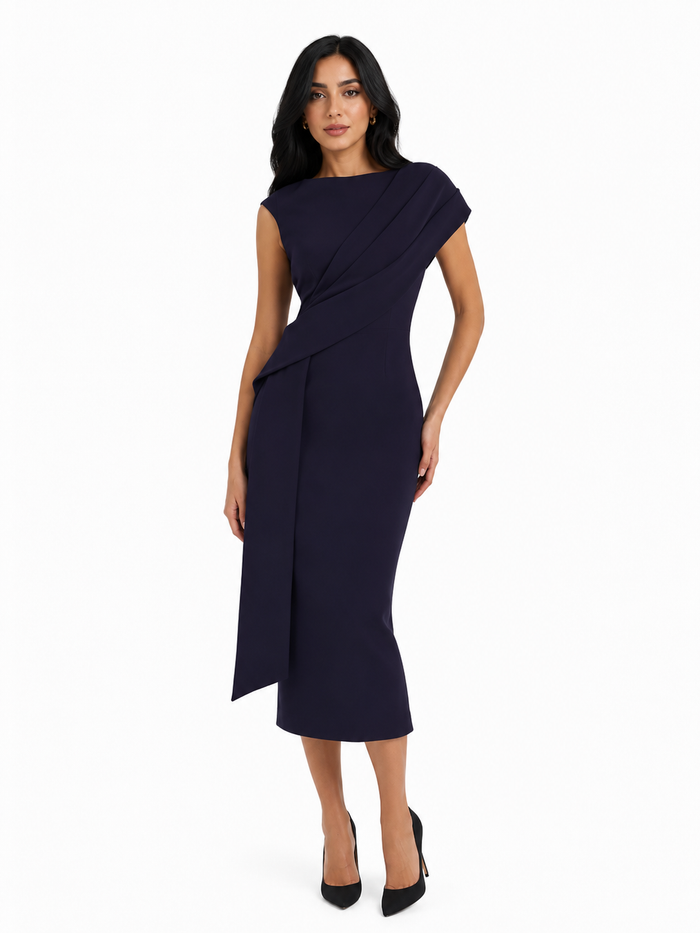 Asymmetric Draped Midi Dress - SALA