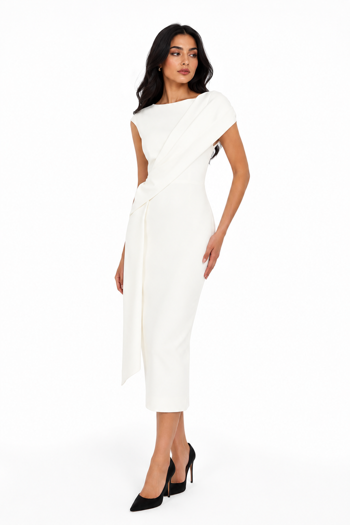 Asymmetric Draped Midi Dress - SALA