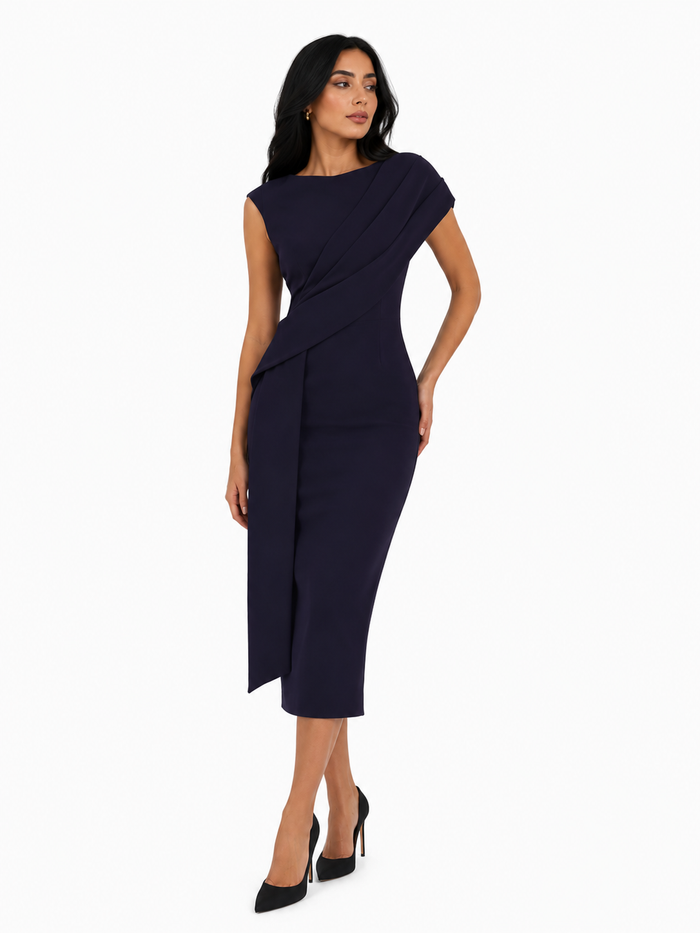 Asymmetric Draped Midi Dress - SALA
