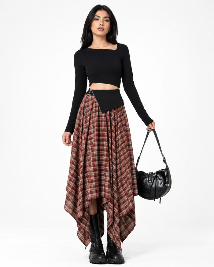 Asymmetric Plaid Handkerchief Midi Skirt - Rowan
