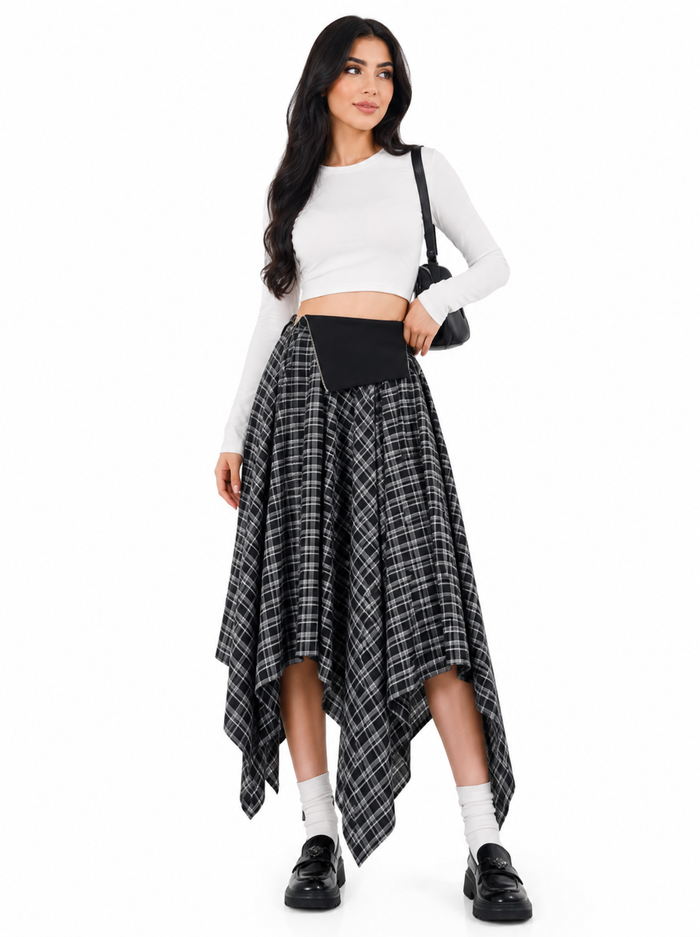 Asymmetric Plaid Handkerchief Midi Skirt - Rowan
