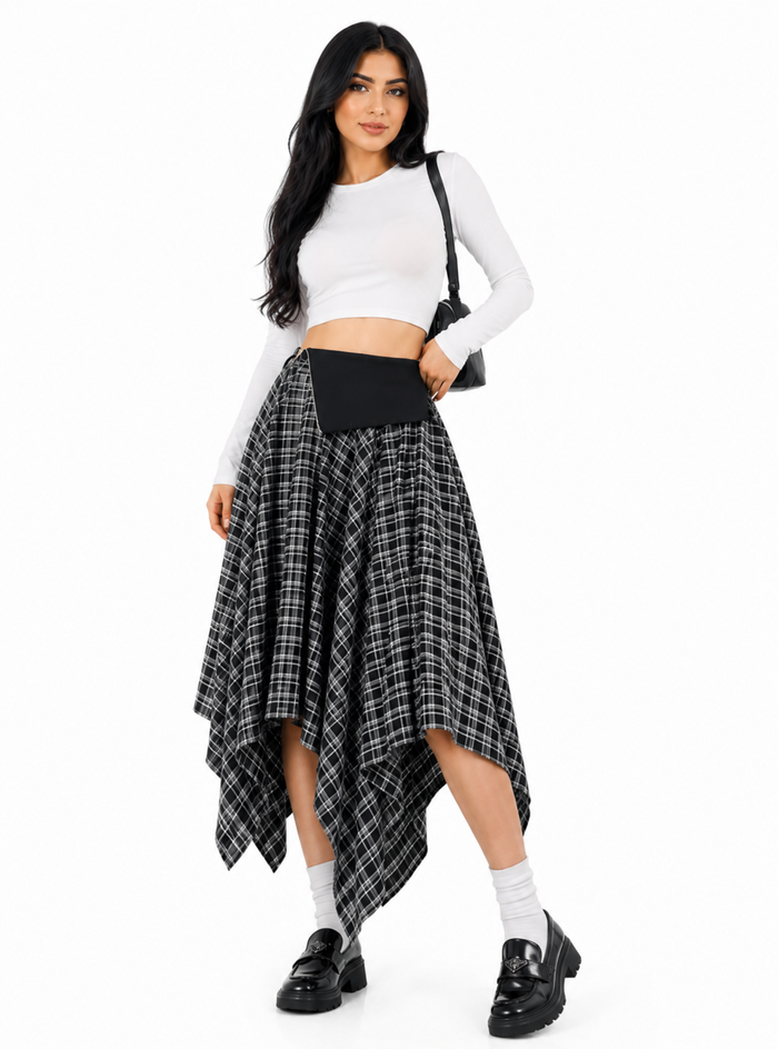 Asymmetric Plaid Handkerchief Midi Skirt - Rowan