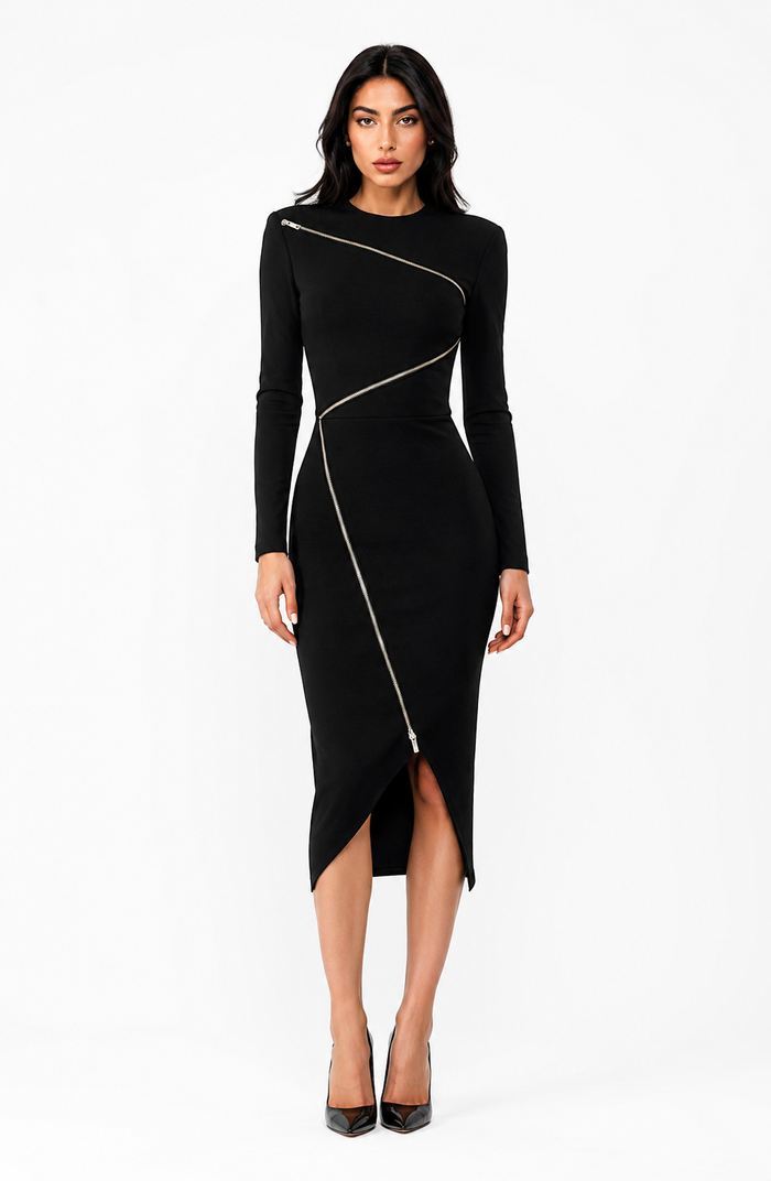 Asymmetric Zip Midi Dress – Voltage