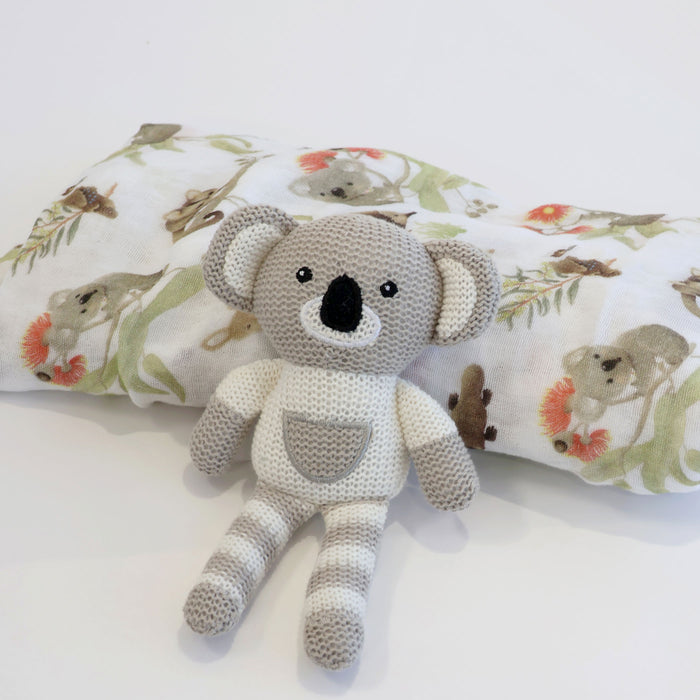 Aussie Animals Koala Muslin Swaddle Wrap and Knit Rattle Toy Gift Set - Bubba Blue Australia