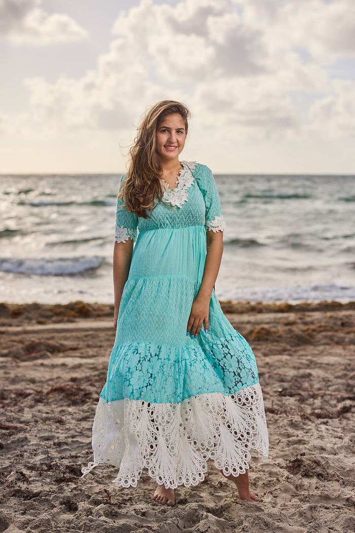 AW-125 Aqua cotton/Lace Dress New Arrival