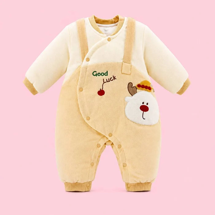 Mustard and cream full-sleeve footless baby romper for babies aged 3–6 months.