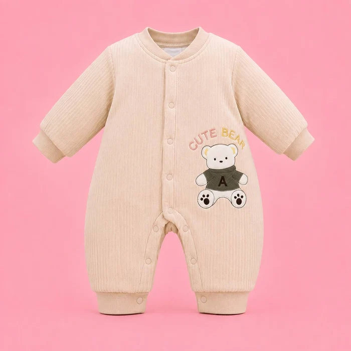 Light beige full-sleeve baby romper with bear design for babies aged 3–6 months.