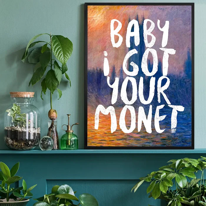 Baby I got your Monet Altered Art Print, quirky altered art print black framed on a living room shelf