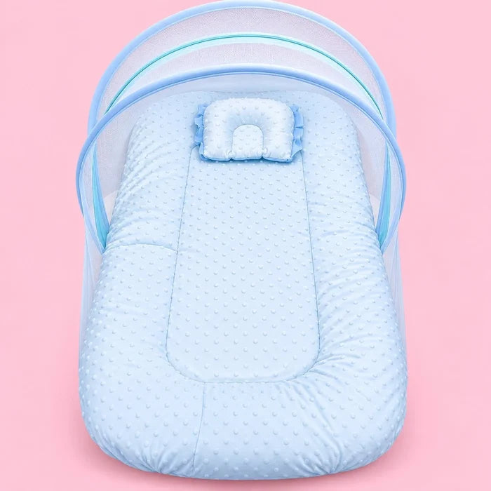 Baby Mosquito Net Bed with Pillow – Blue | Foldable Newborn Mosquito Bed | 0–6 Months