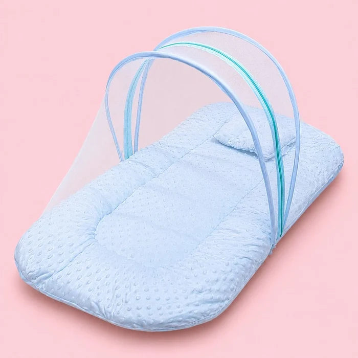 Baby Mosquito Net Bed with Pillow – Blue | Foldable Newborn Mosquito Bed | 0–6 Months