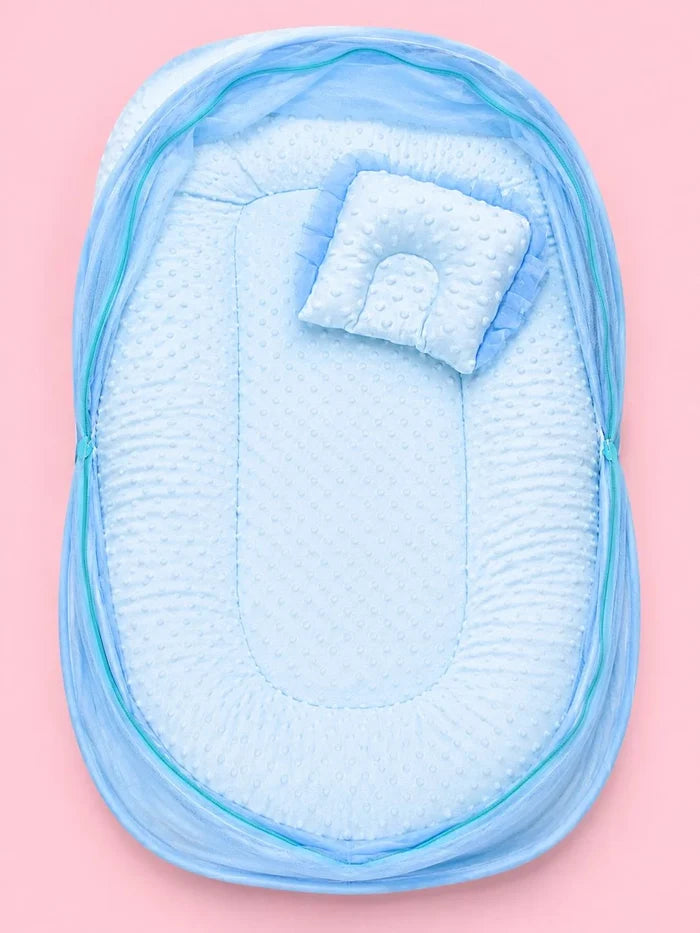 Baby Mosquito Net Bed with Pillow – Blue | Foldable Newborn Mosquito Bed | 0–6 Months