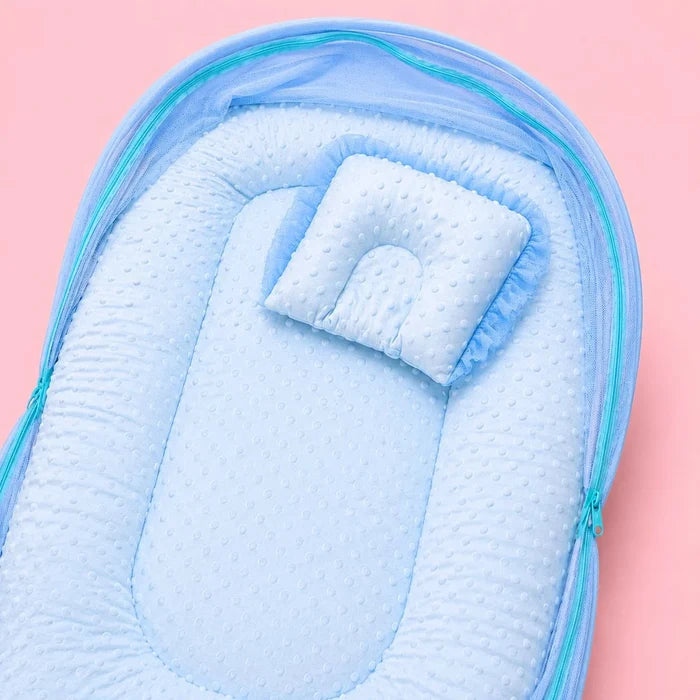 Baby Mosquito Net Bed with Pillow – Blue | Foldable Newborn Mosquito Bed | 0–6 Months