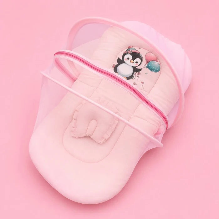Baby Net Bed | Baby Bedding Set for New Born | Penguin | Bed Mattress with Mosquito Net & Cotton Pillow, Portable Sleeping Nest Travel Bed