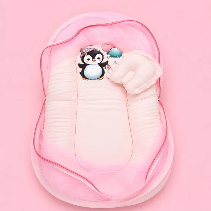 Baby Net Bed | Baby Bedding Set for New Born | Penguin | Bed Mattress with Mosquito Net & Cotton Pillow, Portable Sleeping Nest Travel Bed