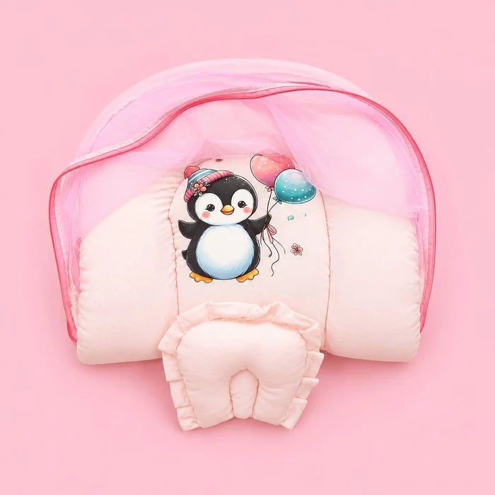 Baby Net Bed | Baby Bedding Set for New Born | Penguin | Bed Mattress with Mosquito Net & Cotton Pillow, Portable Sleeping Nest Travel Bed