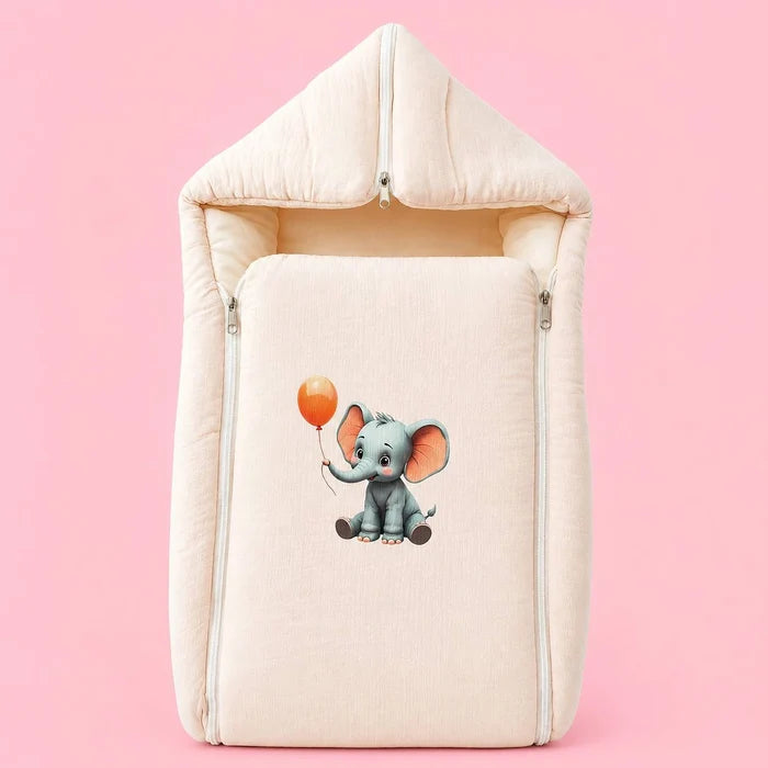 Baby Sleeping Bag And Carry Nest | Crinkled Muslin | Peach | Elephant |  Bedding Set New Born Baby | Portable And Travel Friendly | 0-3 Months