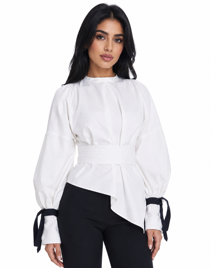 Balloon-Sleeve Tie-Cuff Blouse – Blush