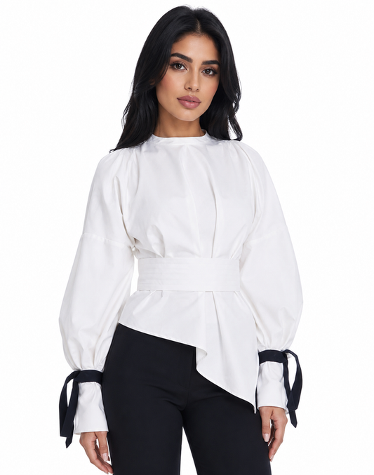 Balloon-Sleeve Tie-Cuff Blouse – Blush