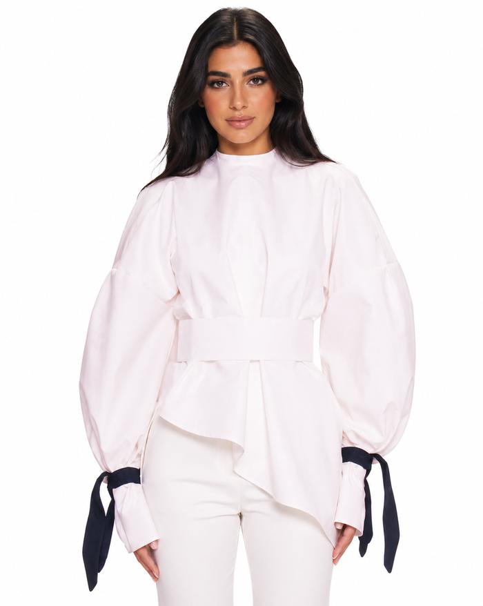Balloon-Sleeve Tie-Cuff Blouse – Blush