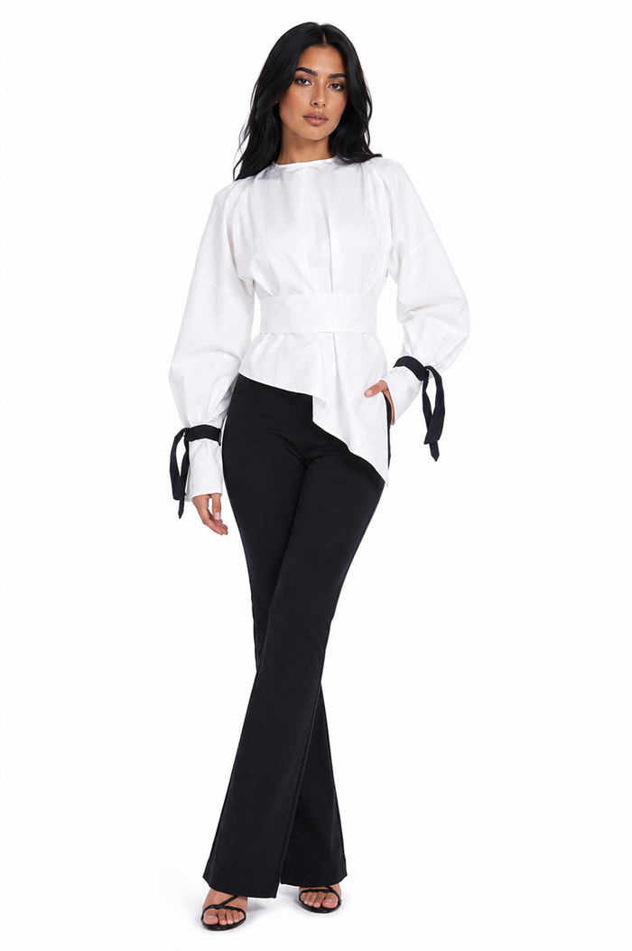 Balloon-Sleeve Tie-Cuff Blouse – Blush
