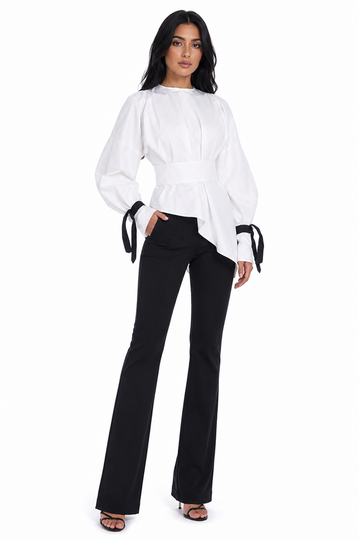 Balloon-Sleeve Tie-Cuff Blouse – Blush