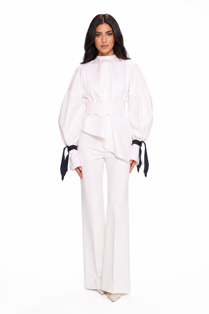 Balloon-Sleeve Tie-Cuff Blouse – Blush