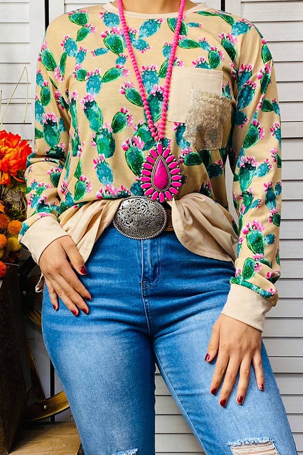 Beige cactus printed top w/double front pocket