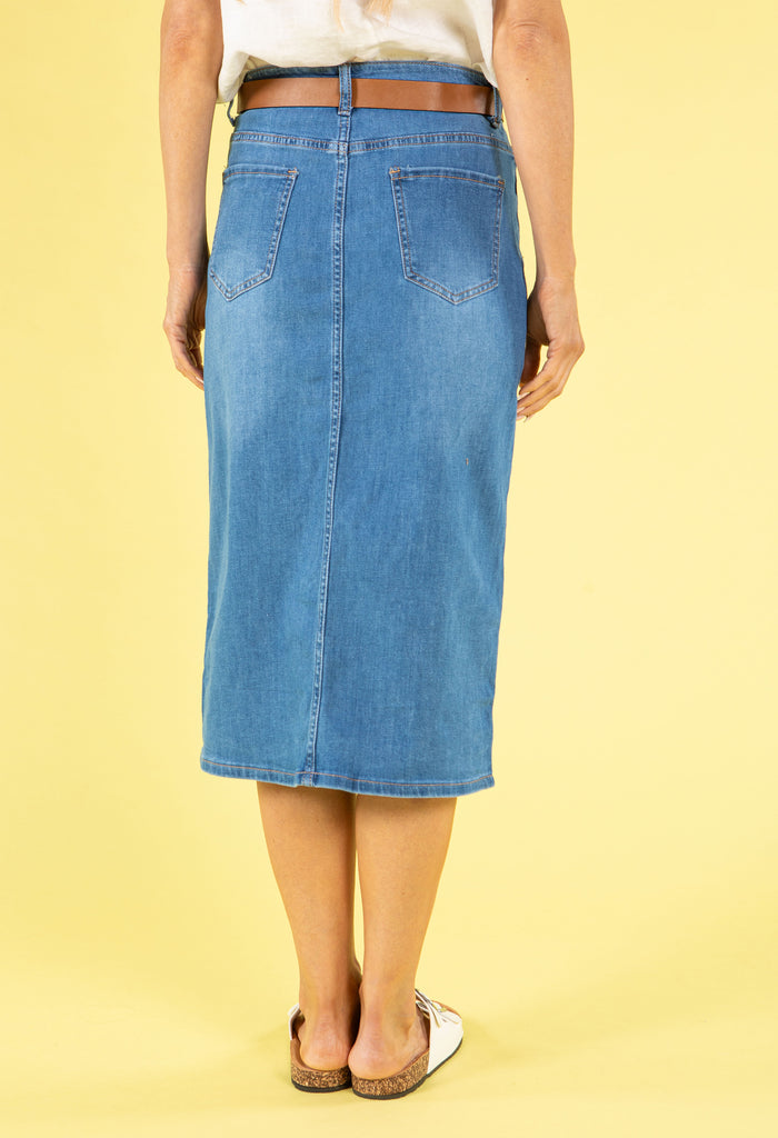 Belted Denim Midi Skirt