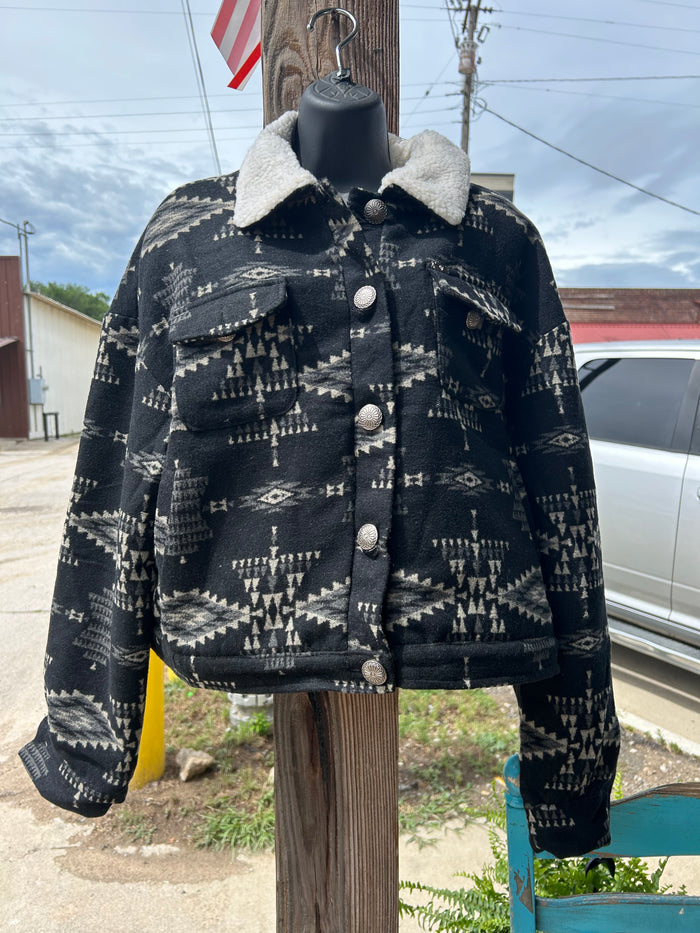 Black Aztec Shacket W Ivory Sherpa Collar Plus Size
