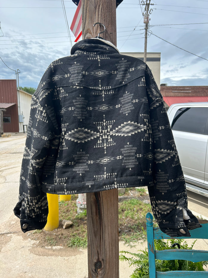 Black Aztec Shacket W Ivory Sherpa Collar Plus Size