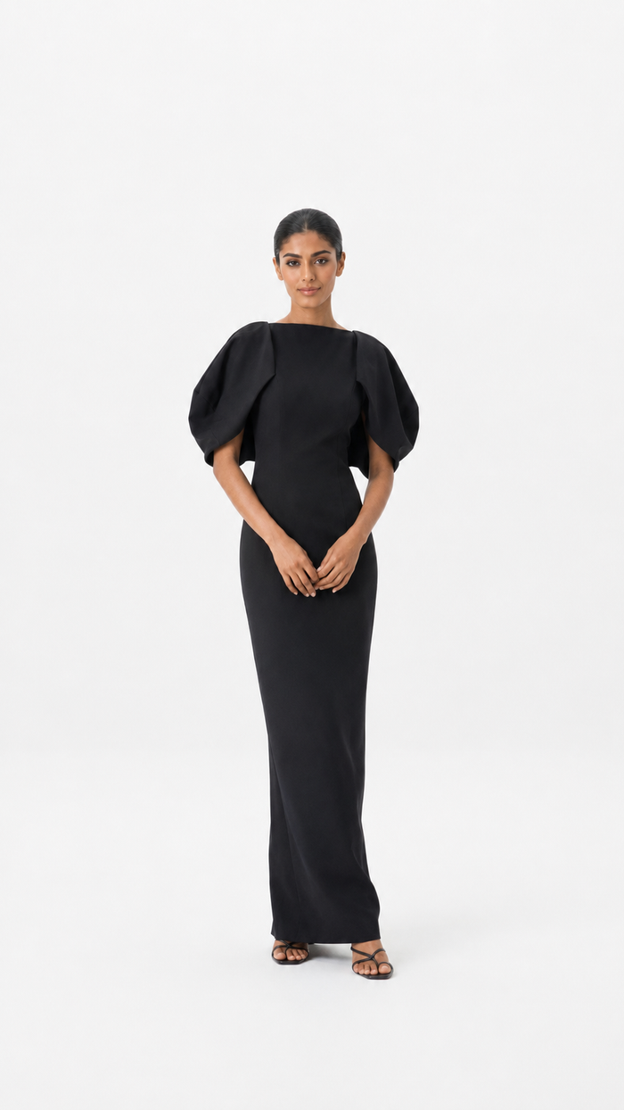 Black Cape-Sleeve Maxi Dress – Stella