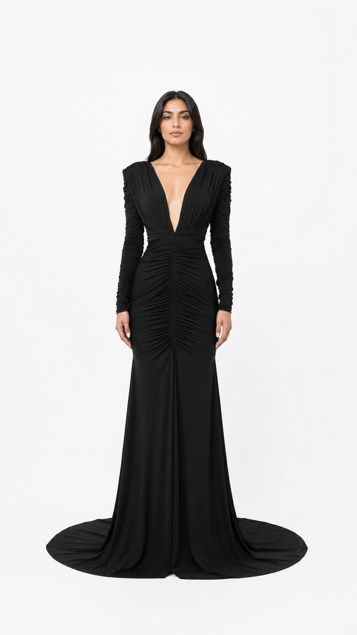 Black Plunge Ruched Mermaid Evening Gown – SELENE