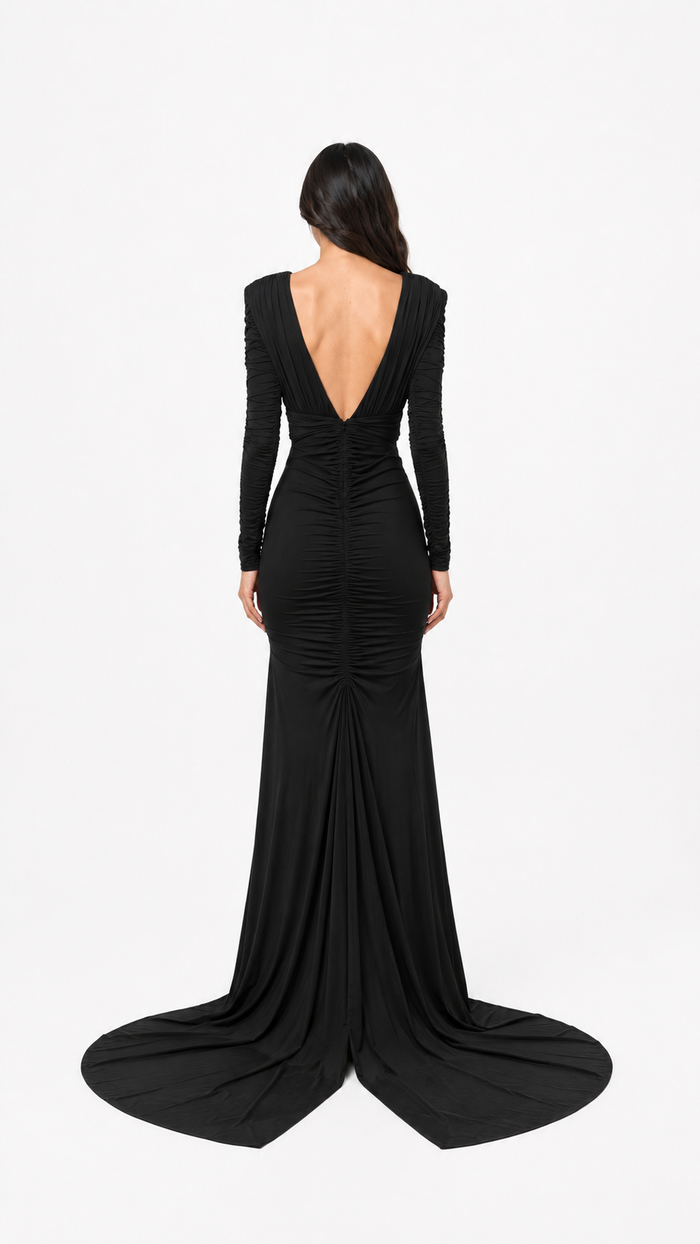 Black Plunge Ruched Mermaid Evening Gown – SELENE