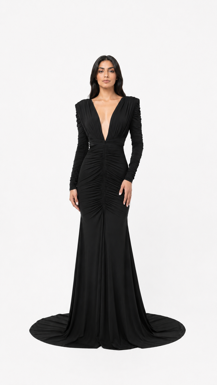 Black Plunge Ruched Mermaid Evening Gown – SELENE
