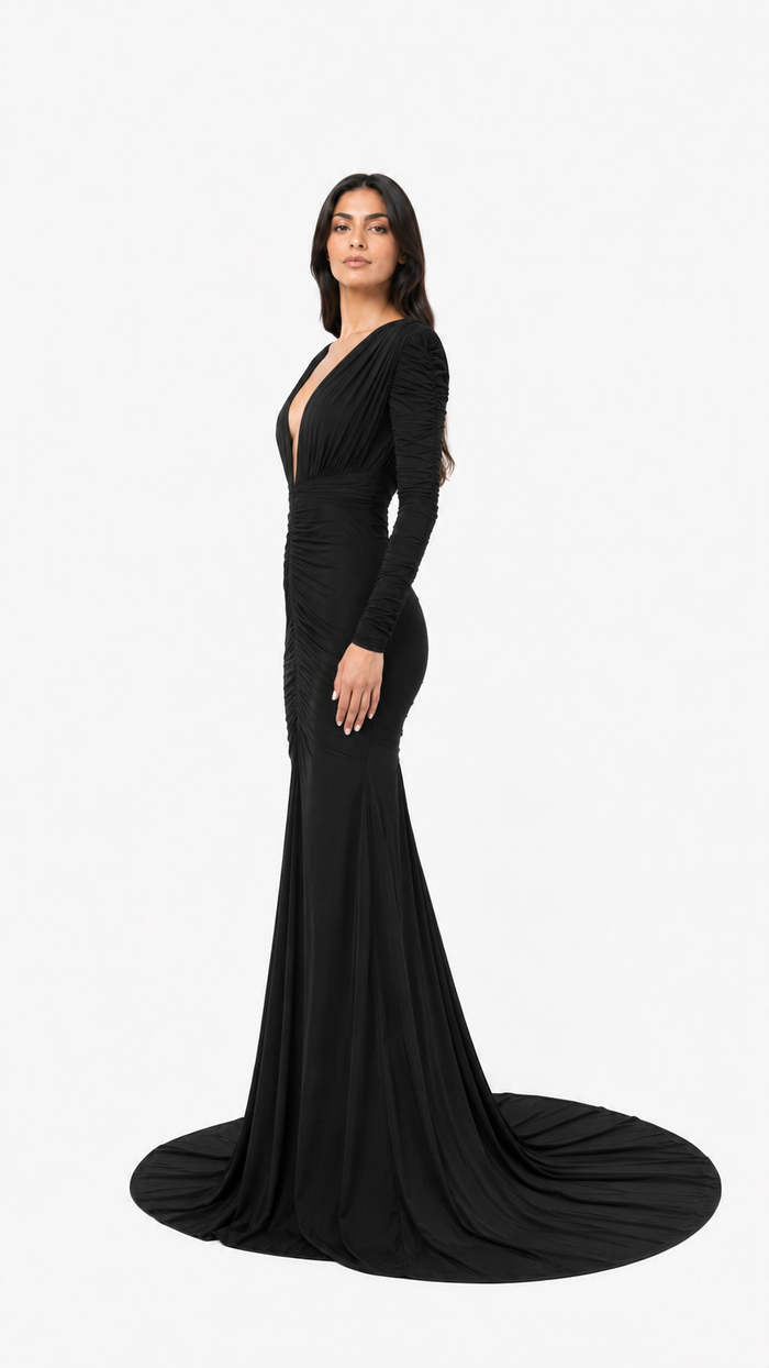 Black Plunge Ruched Mermaid Evening Gown – SELENE